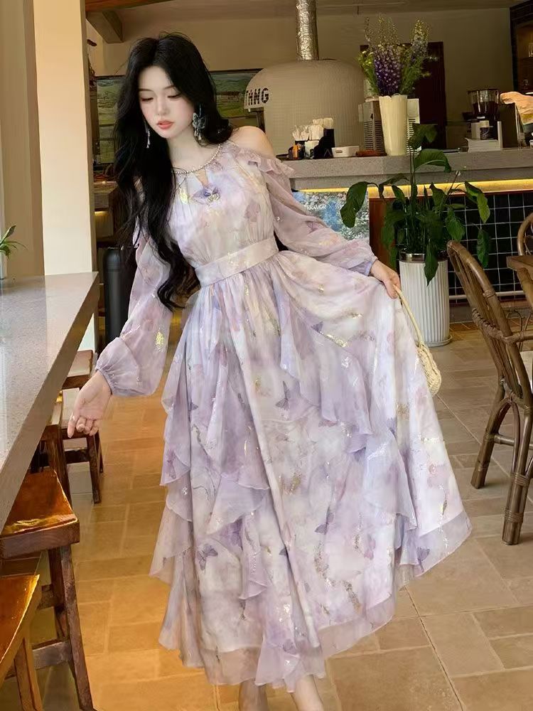 Off-the-shoulder Asymmetric Ruffled Long-sleeve Dress - Fairy-style, Waist-cinching with a Flared Skirt