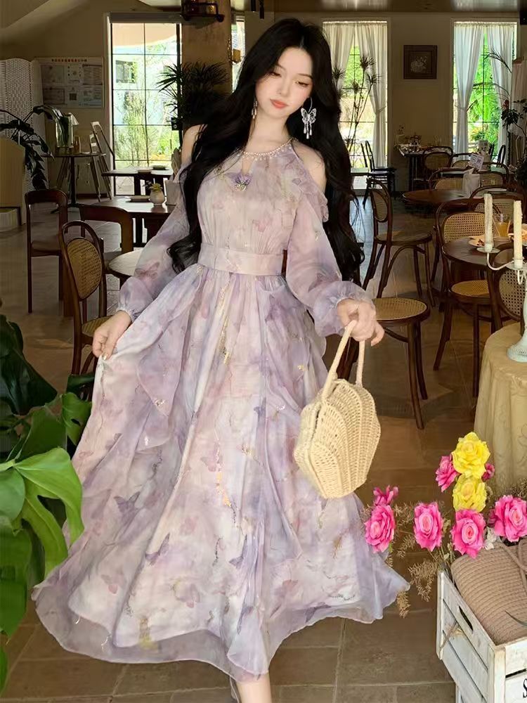 Off-the-shoulder Asymmetric Ruffled Long-sleeve Dress - Fairy-style, Waist-cinching with a Flared Skirt