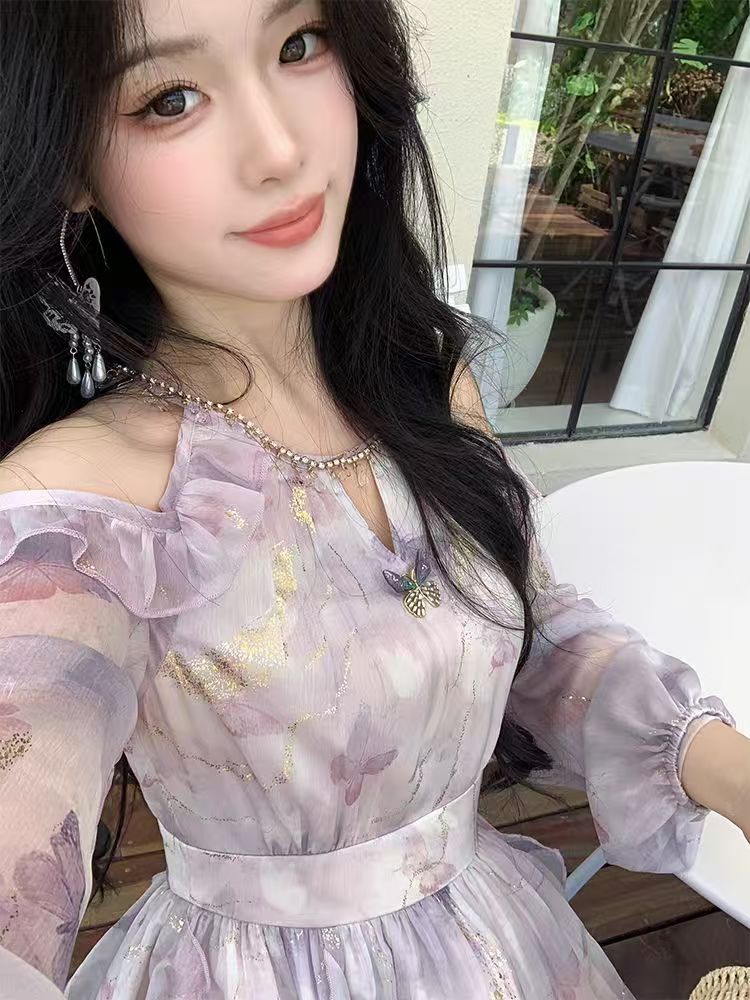 Off-the-shoulder Asymmetric Ruffled Long-sleeve Dress - Fairy-style, Waist-cinching with a Flared Skirt