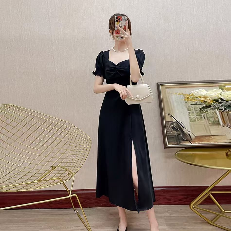Women's French-style Stylish Square-neck Slim-fit Slit Little Black Dress