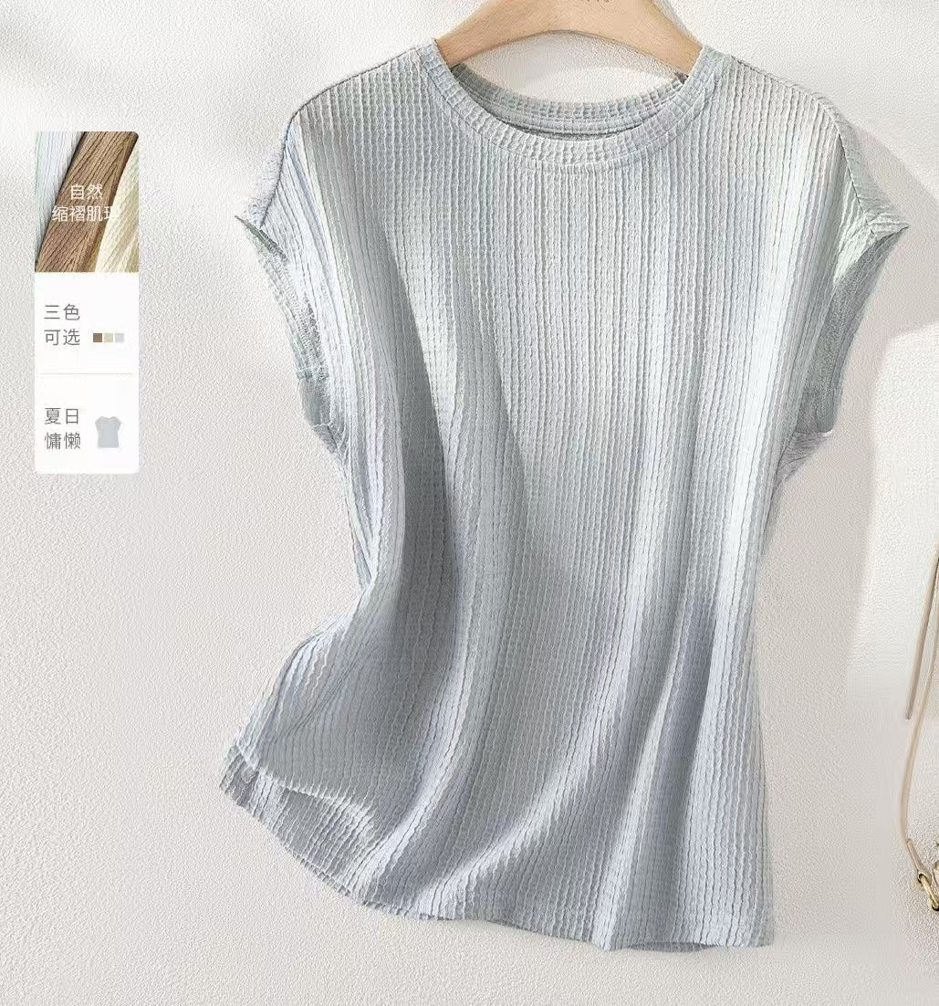 Textured Waist-Cinching Raglan Sleeve Crew Neck T-Shirt