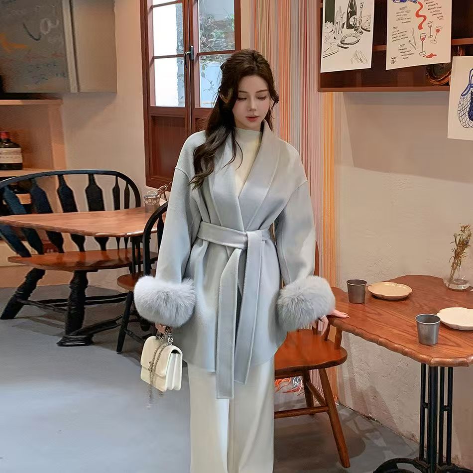 Stylish Double-faced Fleece Coat with Faux Fox Fur - Petite-friendly Overcoat