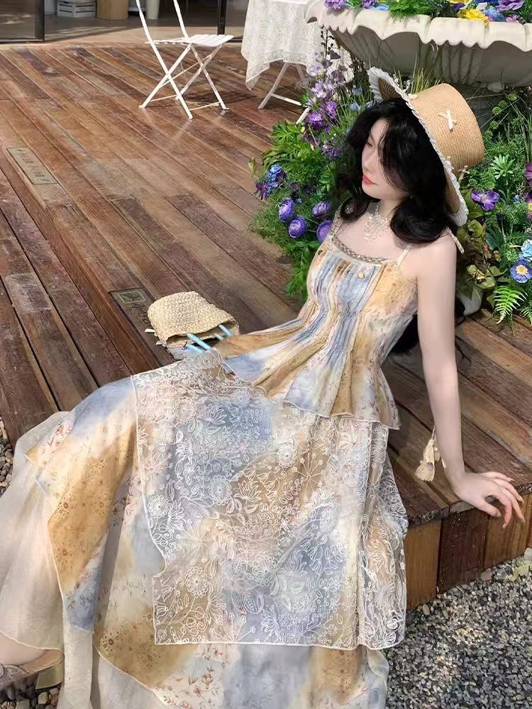 Wind and Daisy - Bohemian Asymmetric Tie-Dye Lace Patchwork Waist-Cinching Dress + Hollowed-Out Cardigan Set