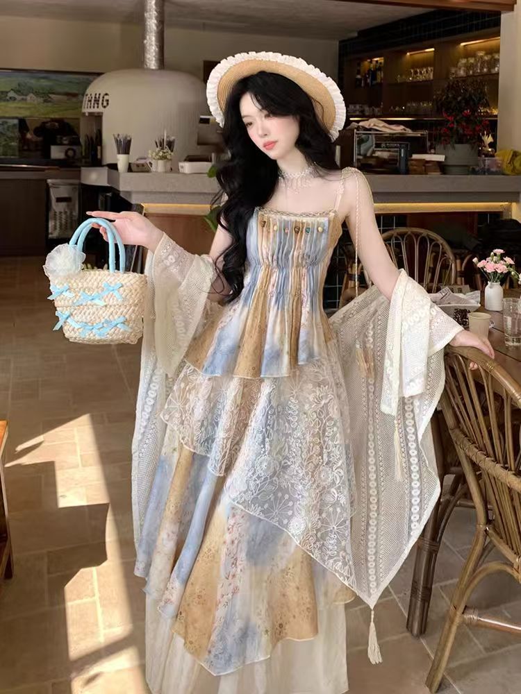 Wind and Daisy - Bohemian Asymmetric Tie-Dye Lace Patchwork Waist-Cinching Dress + Hollowed-Out Cardigan Set