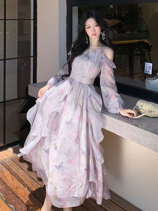 Off-the-shoulder Asymmetric Ruffled Long-sleeve Dress - Fairy-style, Waist-cinching with a Flared Skirt