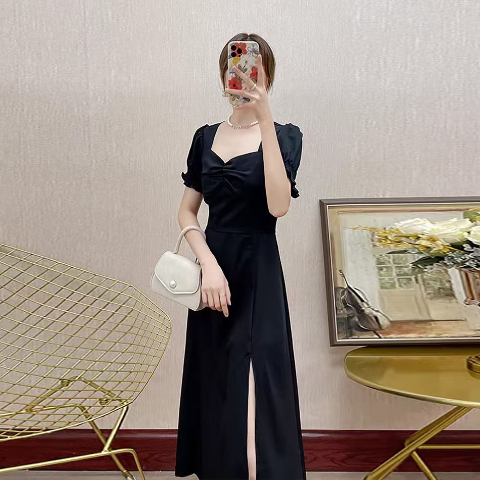 Women's French-style Stylish Square-neck Slim-fit Slit Little Black Dress