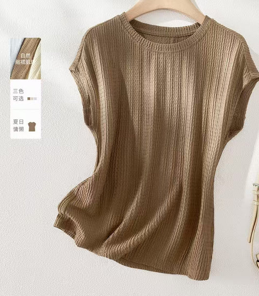 Textured Waist-Cinching Raglan Sleeve Crew Neck T-Shirt