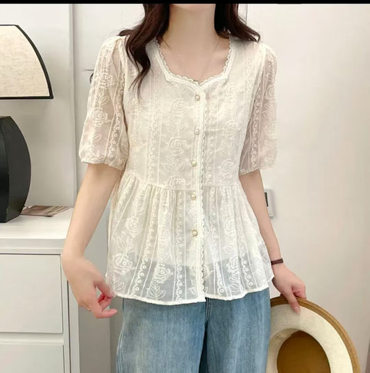 Embroidered Rose Stylish Tummy-Control Slim-Fit Long-Sleeve Versatile Breathable Blouse