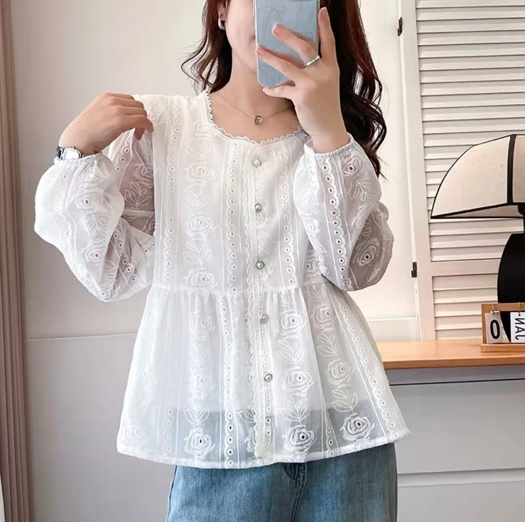 Embroidered Rose Stylish Tummy-Control Slim-Fit Long-Sleeve Versatile Breathable Blouse