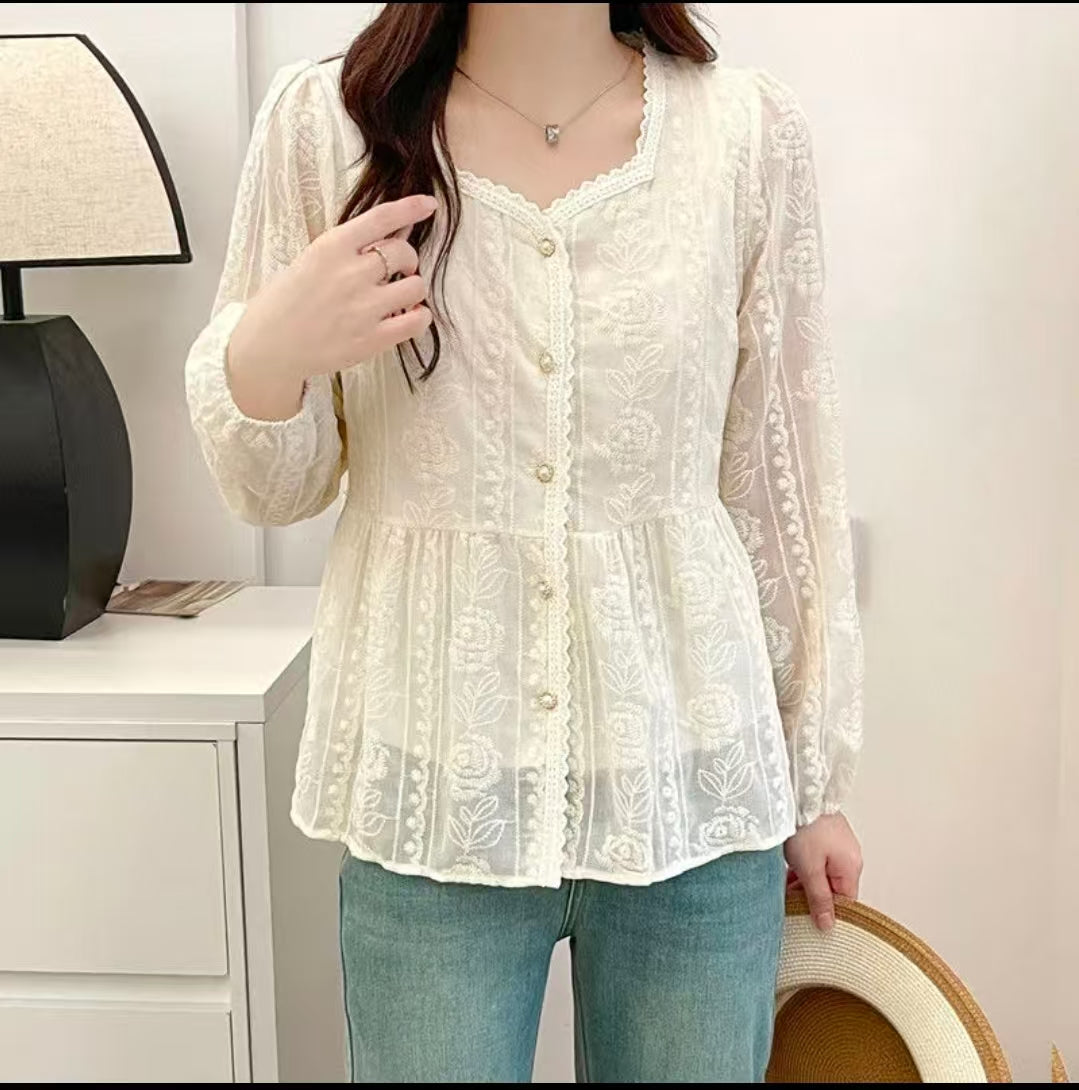 Embroidered Rose Stylish Tummy-Control Slim-Fit Long-Sleeve Versatile Breathable Blouse