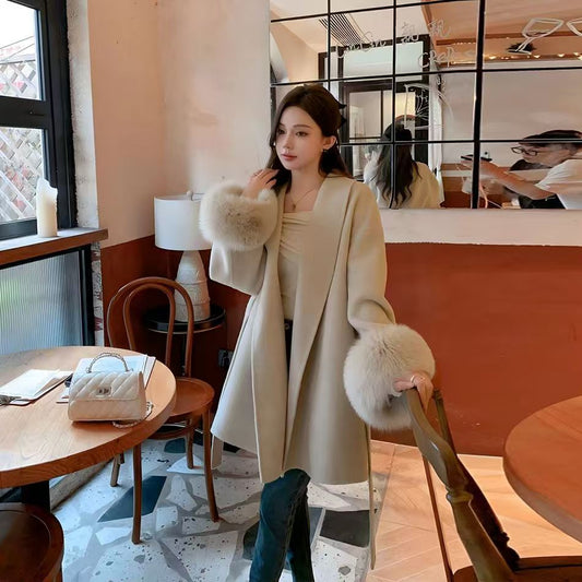 Stylish Double-faced Fleece Coat with Faux Fox Fur - Petite-friendly Overcoat