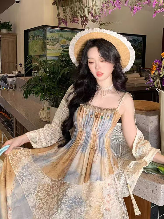 Wind and Daisy - Bohemian Asymmetric Tie-Dye Lace Patchwork Waist-Cinching Dress + Hollowed-Out Cardigan Set
