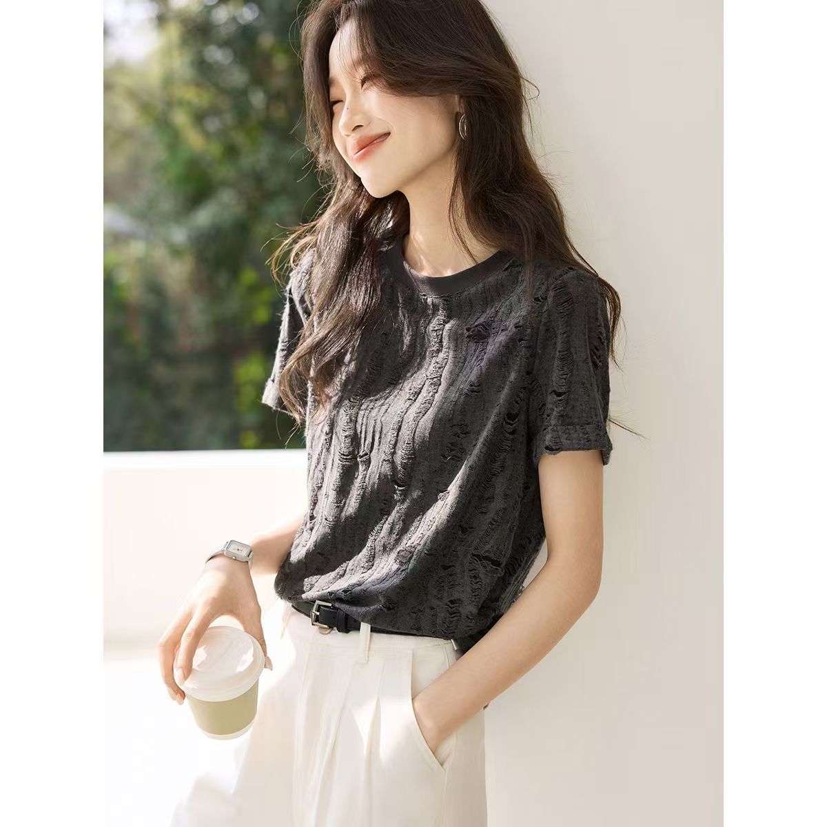 Women's Distressed Short-Sleeve T-Shirt - Loose, Comfortable & Versatile