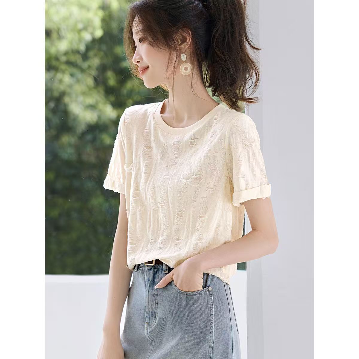 Women's Distressed Short-Sleeve T-Shirt - Loose, Comfortable & Versatile