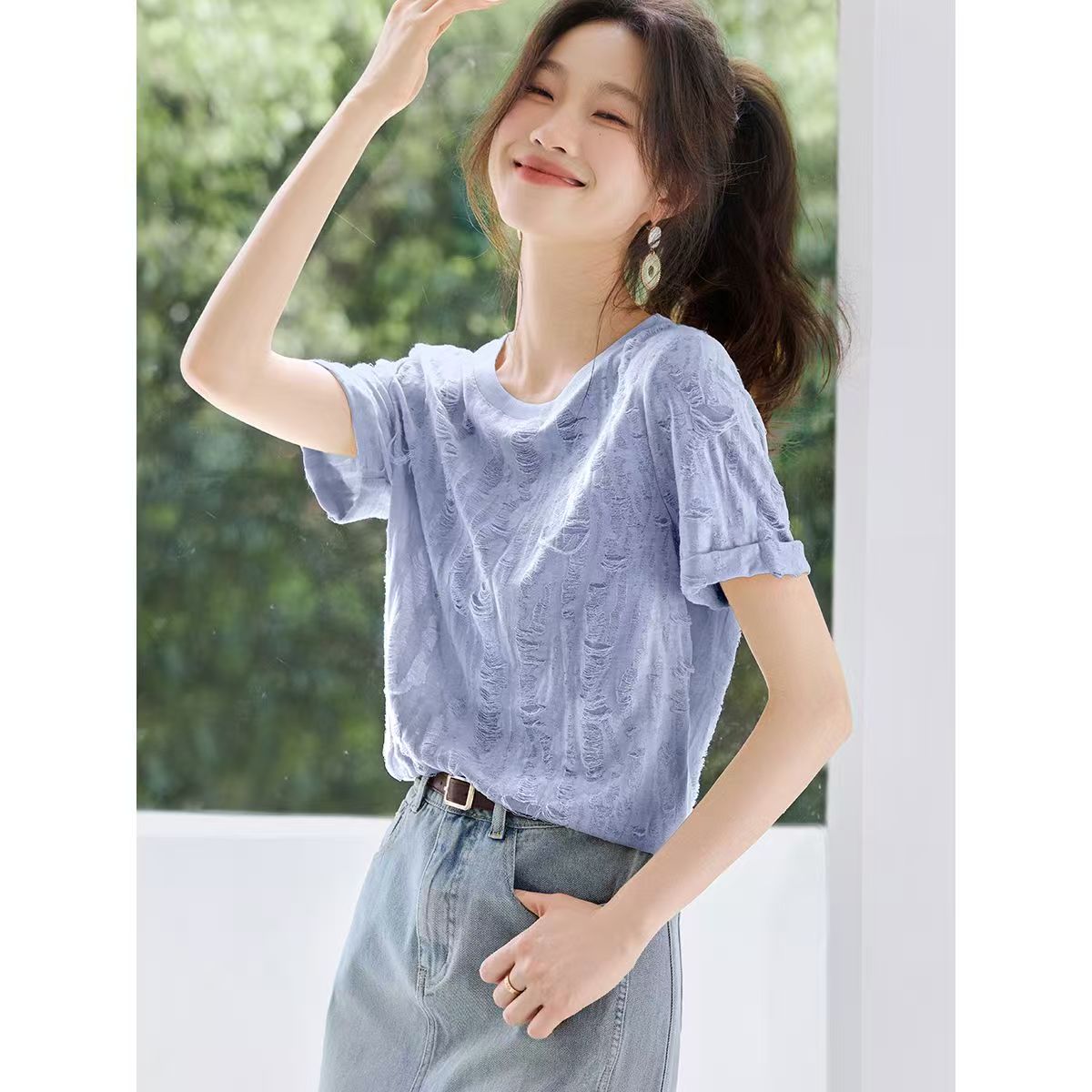 Women's Distressed Short-Sleeve T-Shirt - Loose, Comfortable & Versatile