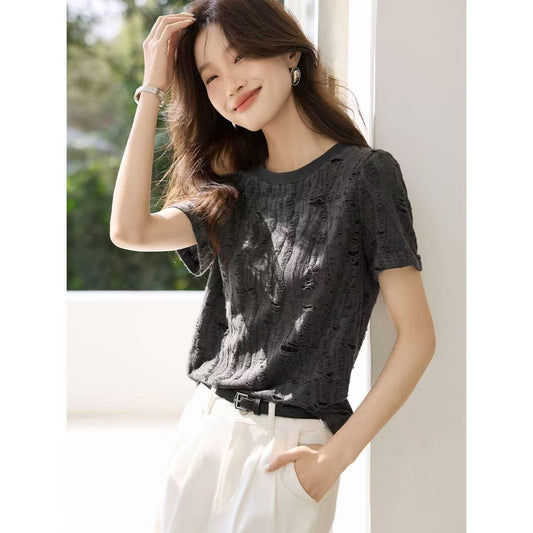 Women's Distressed Short-Sleeve T-Shirt - Loose, Comfortable & Versatile